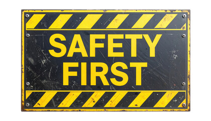 Yellow-and-black metal sign reading "SAFETY FIRST" with diagonal hazard stripes, bold lettering, rivets, and weathered scratches.