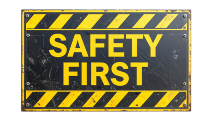Yellow-and-black metal sign reading "SAFETY FIRST" with diagonal hazard stripes, bold lettering, rivets, and weathered scratches.