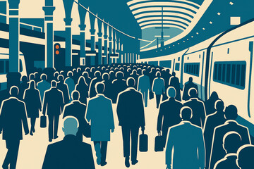 Crowded train station, showing commuters with luggage on a railway station platform emphasizing movement and rush-hour travel, commuting stock illustration image