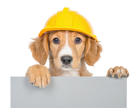 Brown-and-white puppy wearing a yellow construction hardhat, peeking over a sign with its paws visible. - Powered by Adobe