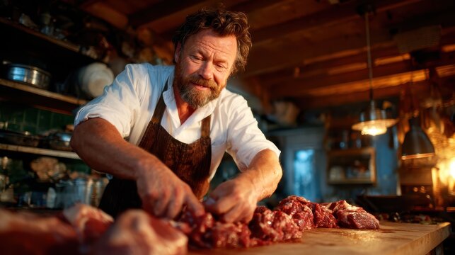 An experienced chef skillfully prepares fresh meat in a rustic kitchen, showcasing expertise in culinary arts with a warm and inviting atmosphere.