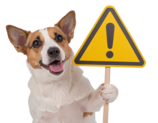 Happy tricolor corgi holding a yellow triangular warning sign with an exclamation mark.