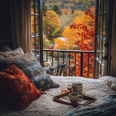 A cozy bedroom scene with an open balcony door and a beautiful autumn landscape - Bed & Breakfast theme