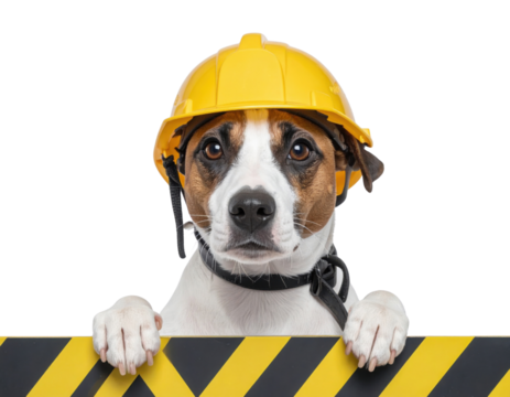 Jack Russell dog in a yellow construction hardhat peeking over a black-and-yellow caution barrier on a black background. - Powered by Adobe