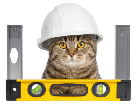 Tabby cat wearing a white construction hard hat, peering over a yellow spirit level.