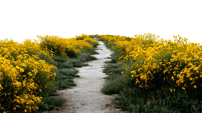 Pathway lined with bright yellow wildflowers under cloudy sky
