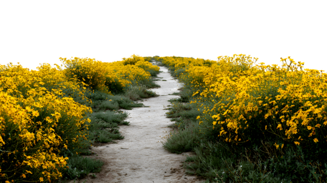 Pathway lined with bright yellow wildflowers under cloudy sky
