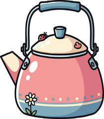 Whimsical Pink and Blue Teapot VECTOR Illustration with a Sweet Ladybug and Charming Flower Detail. Ideal for Playful Designs and Creative Projects