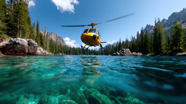 This striking image features a bright yellow helicopter hovering above a clear blue lake, showcasing the beauty of nature alongside advanced technology and adventure.