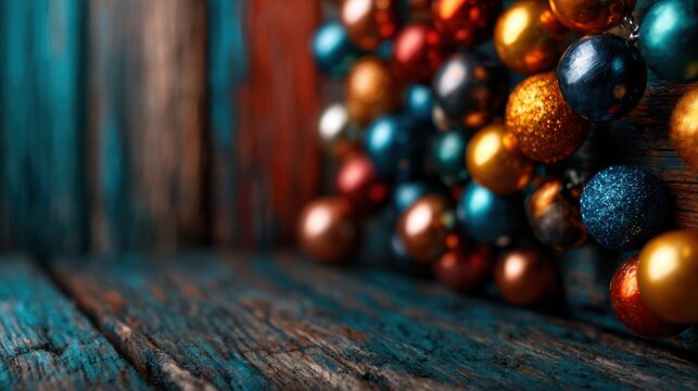 A vibrant collection of colorful beads scattered on a rustic wooden table, creating a warm and inviting atmosphere perfect for festive occasions and decorations.