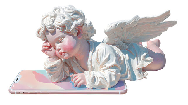 Playful pastel cherub artwork paired with digital smartphone design