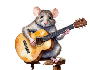Watercolor Rat Serenading with Classical Guitar, Angled View, isolated transparent background png