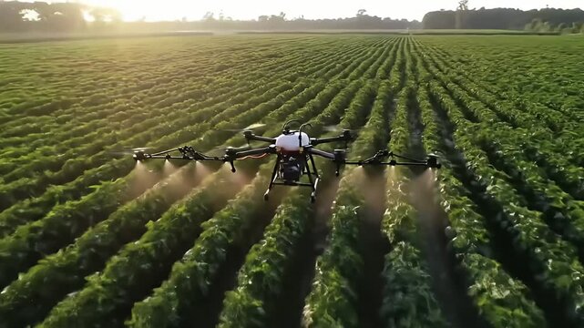Agricultural drone sprays fields of crops in neat rows on a sunny morning