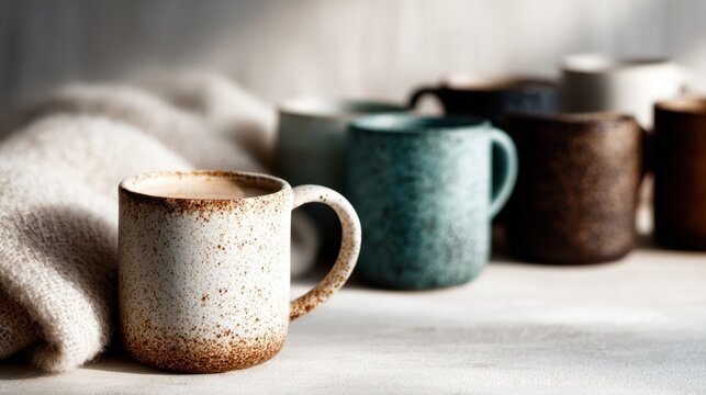 A cozy arrangement of rustic ceramic mugs with a warm, inviting aesthetic, perfect for coffee or tea moments that inspire comfort and relaxation.