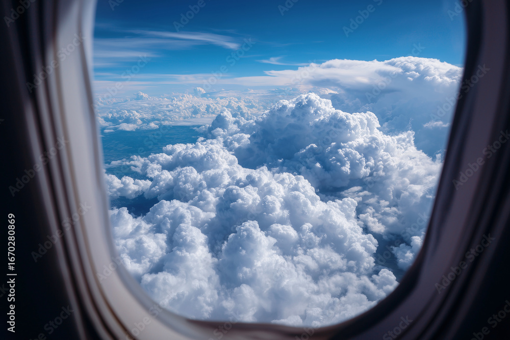 Poster a window on an airplane with a view of the clouds