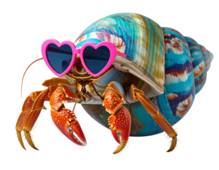 Cool Hermit Crab with Heart-Shaped Sunglasses and Tropical Shell, Angled Perspective, Isolated Transparent Background PNG