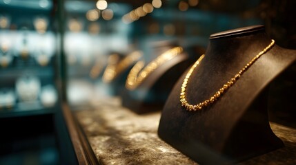 Gleaming gold necklaces in a luxurious jewelry shop display