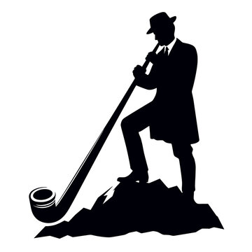 Man playing alphorn on mountain silhouette