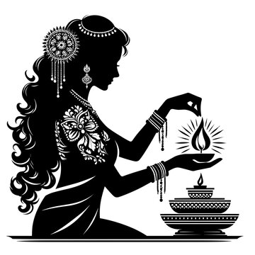 woman lighting diya silhouette black and white clip art preview