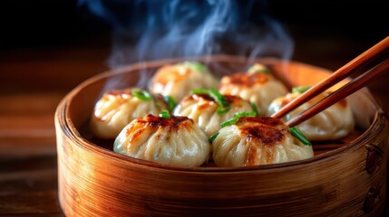 A mouth-watering display of freshly steamed dumplings topped with sliced green onions, exuding steam and ready to be enjoyed. Perfect for culinary delights.