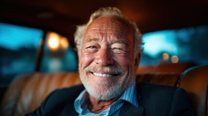 A joyful elderly man with a charming smile, seated comfortably, radiating warmth and happiness, representing the beauty and grace of aging in a relaxed atmosphere.