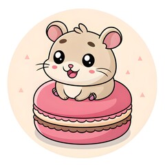 Adorable Chibi Baby Vole Resting On A Tiny Macaron Pillow, Cute Cartoon Forest Animal Illustration In Kawaii Style, Perfect For Kids Art, Dessert-Themed Decor, And Playful Whimsical Designs