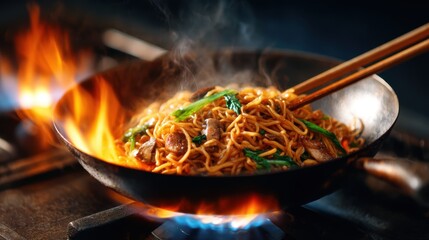 This vibrant stir-fried noodle dish features a mix of vegetables and meats, showcasing culinary craftsmanship with steam and flames highlighting its freshness and flavor.