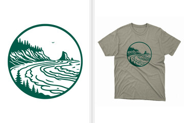 oregon coast vector illustration of a t-shirt design print, coastal and mountainous graphic tee