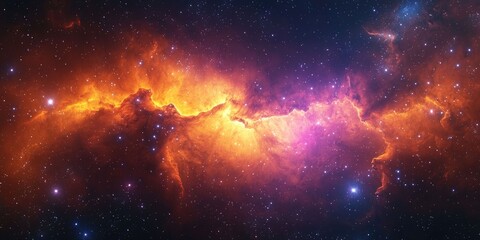 Surreal dark space layered with a glowing orange and purple nebula, stars shining through