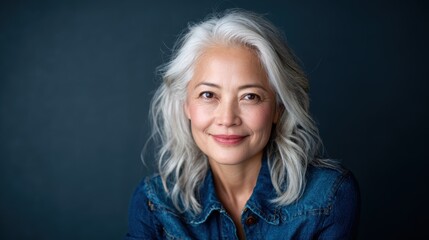 A portrait of a smiling mature woman with graceful gray hair, highlighting the beauty of aging and the confidence that comes from life experiences and self-acceptance.
