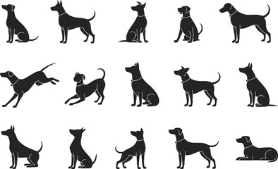 Dog silhouette collection, black dog clipart set, pet animal poses, canine vector illustration, various dog breeds, sitting, standing, playful