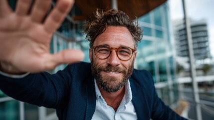 A cheerful man waving at the camera with a smile, set against a backdrop of modern architecture, conveying joy and welcoming energy in an urban environment.