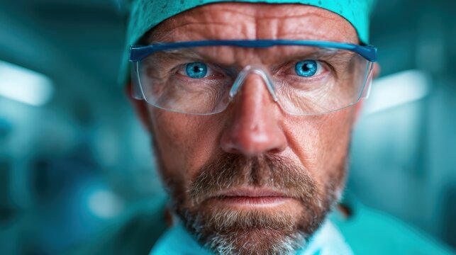 A serious male surgeon focused intently on his work in a sterile environment, emphasizing the dedication and intensity required in the medical profession to save lives.