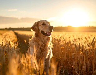 Golden retriever in a golden field at sunset (1)