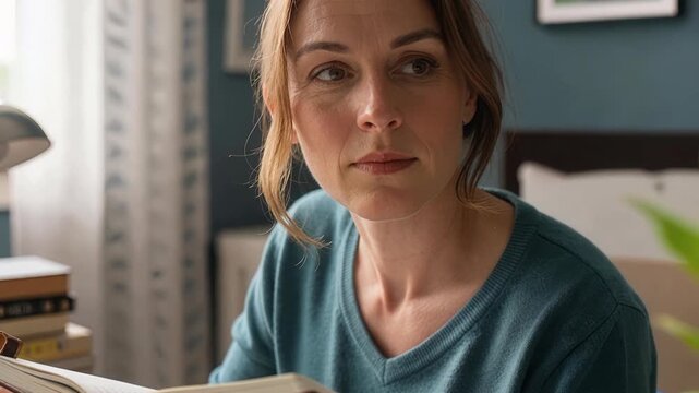 Adult woman carefully studying houseplant with gentle smile showing dedication to botanical learning and educational plant care in home environment
