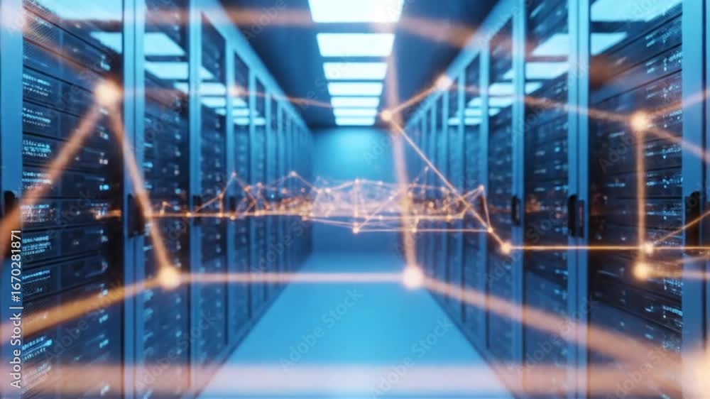 Poster server room with data network connection in blue and orange lighting perspective view