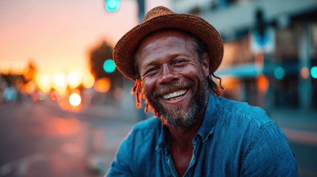 A joyful man with a straw hat smiles brightly against a vibrant sunset background, embodying happiness and the essence of summer leisure in a colorful urban setting.