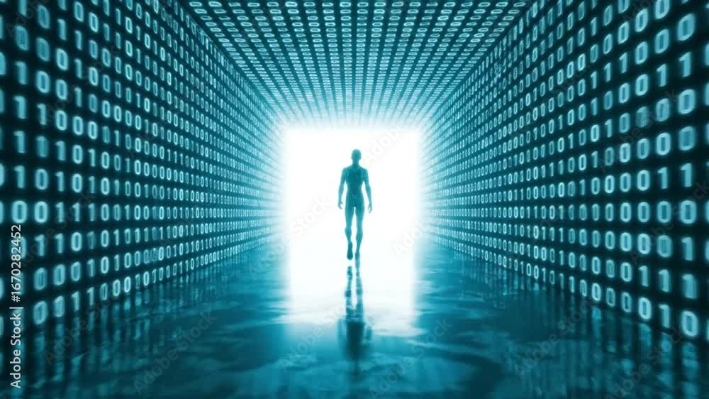 Poster silhouette of human walking through binary code tunnel with blue lighting