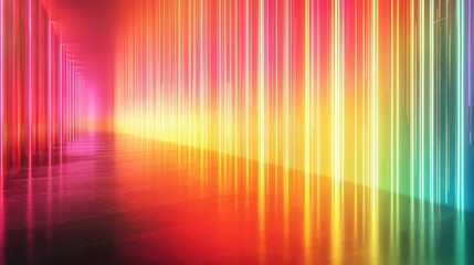 Colorful neon lights illuminate a reflective corridor.