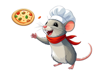 Cartoon Chef Rat Tossing Pizza Dough in Air, Side Angle, isolated transparent background png
