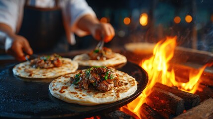 A chef skillfully prepares mouth-watering tacos over an open flame, showcasing vibrant ingredients and a rich cultural food experience at a bustling outdoor kitchen.