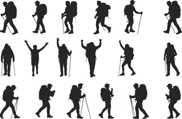 Silhouette hikers collection, black trekking vector, mountain climber illustrations, hiking poses set, outdoor adventure clipart, backpacking icons, trail walker silhouettes