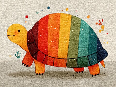 Colorful striped cartoon turtle flat illustration, child drawing style simple lines, white background for childrens book design - Powered by Adobe