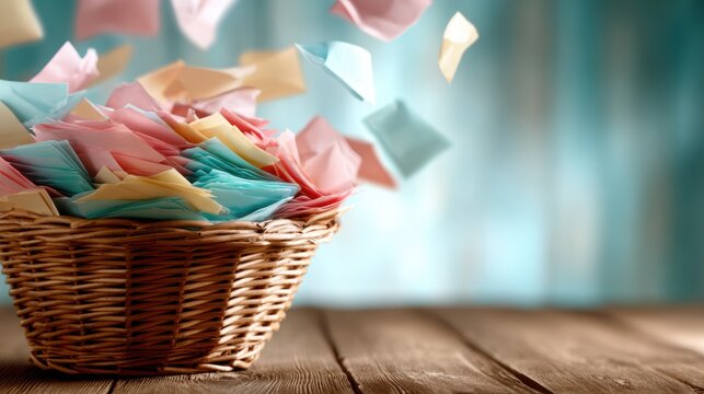 A dynamic scene features a wicker basket overflowing with colorful paper envelopes, some fluttering in the air, capturing the essence of communication and creativity in an artistic manner.
