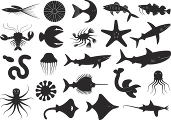 Naklejka premium Silhouette sea creatures collection, black marine animals vector, ocean wildlife illustration, underwater creatures clipart, aquatic animal set, deep sea designs