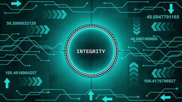 Digital Integrity Concept Glowing Neon Circle with Data Streams and Arrows on Futuristic Circuit. abstract background Integrity text animation concepts. 4k render video and technology background.