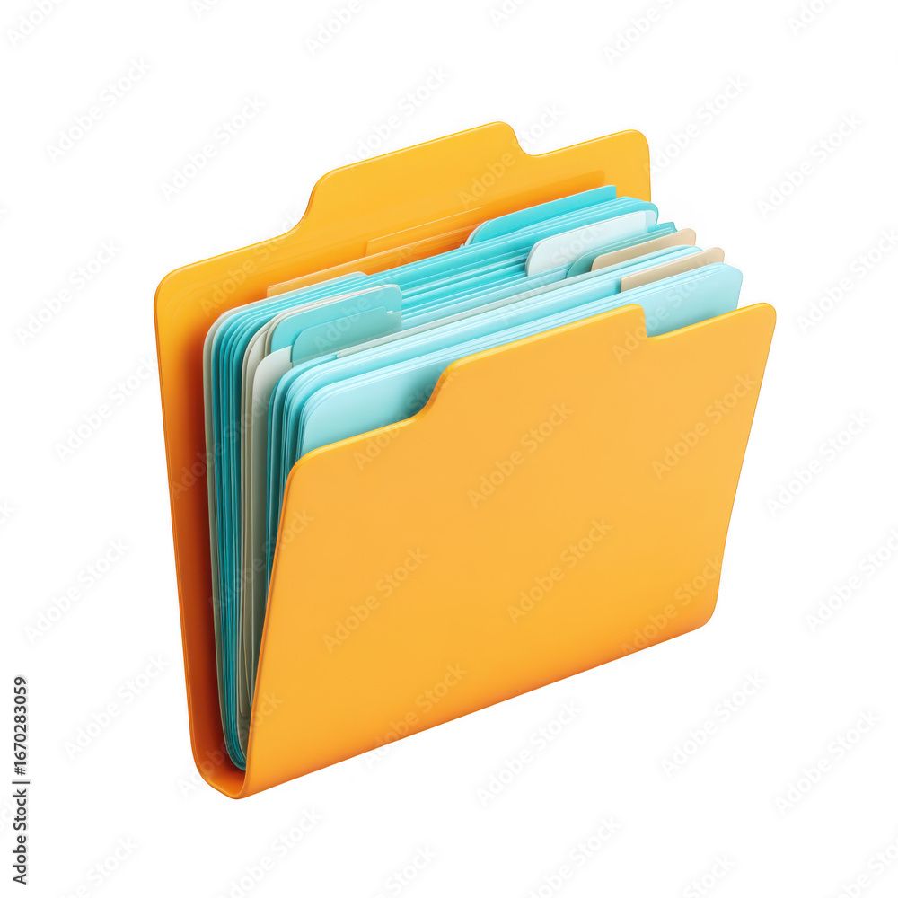 Poster bright orange folder filled with labeled tabs and documents isolated on transparent background