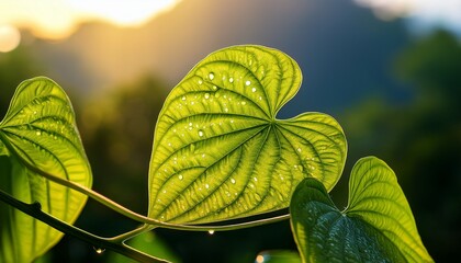 a vibrant image of a betal leaf glistening with dew in the morning light