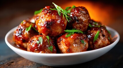 An appetizing dish filled with juicy meatballs coated in rich, tangy sauce, garnished with fresh herbs, evoking mouth-watering culinary delight.