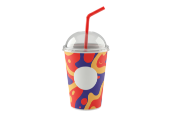 Isolated fast food drink with straw, clear domed lid, vibrant cup pattern, brand placement